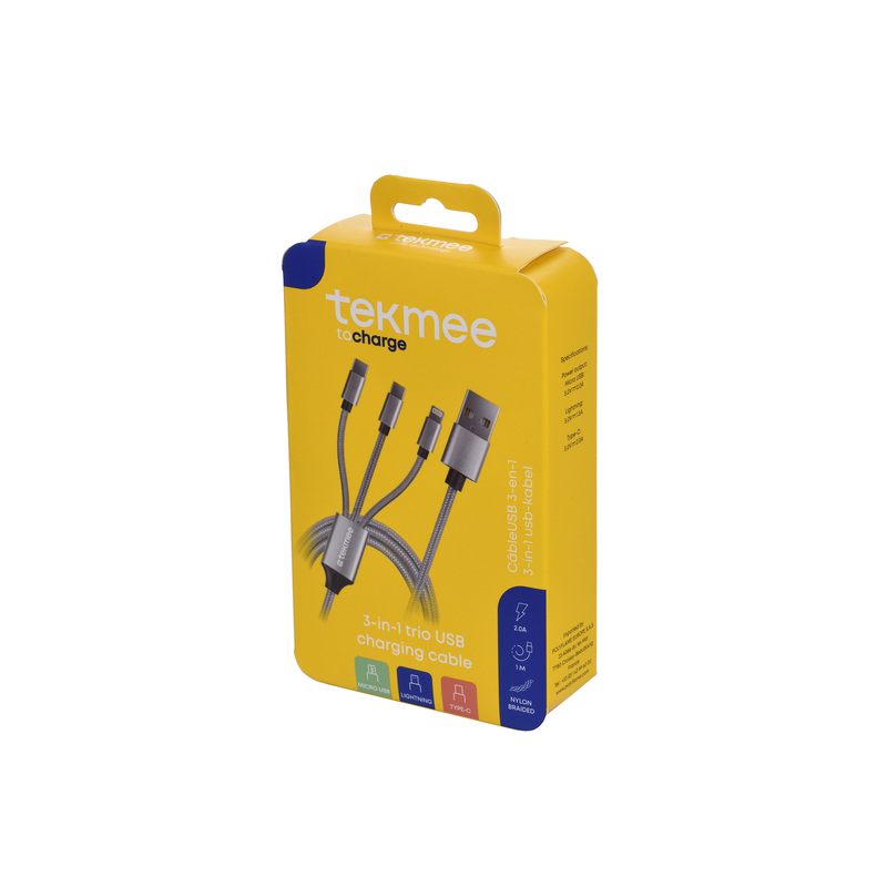 Câble Rond 3-en-1 en Nylon Tréssé 1m - Tekmee - Grey